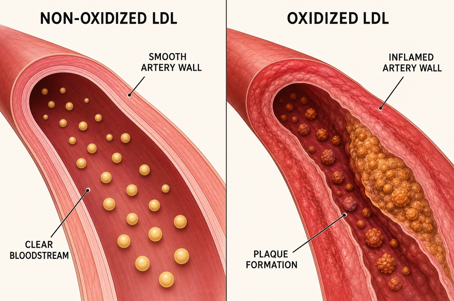 Diagram comparing non-oxidized LDL in a smooth artery with oxidized LDL forming plaque
