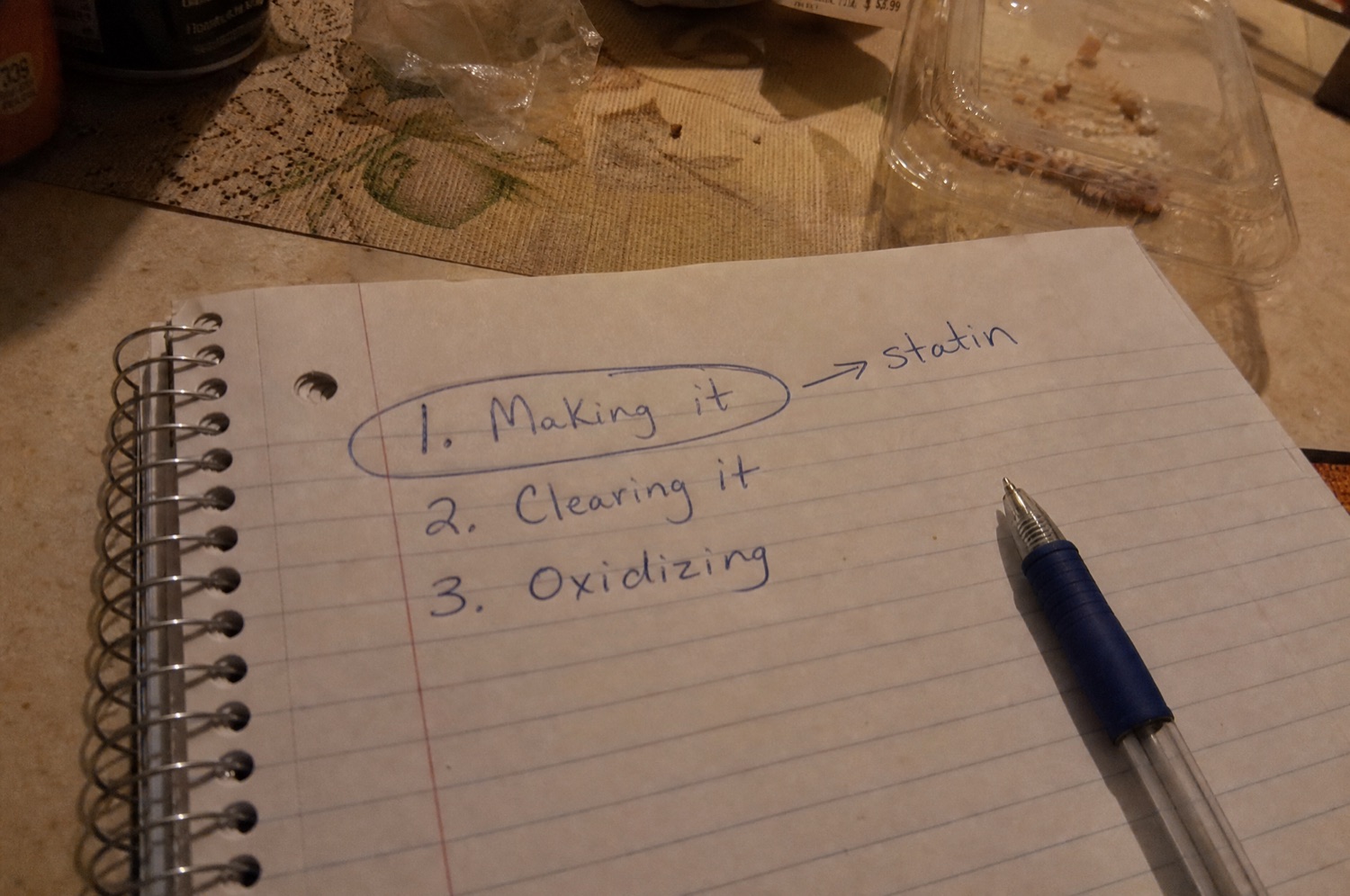 Handwritten note listing making it, clearing it and oxidizing