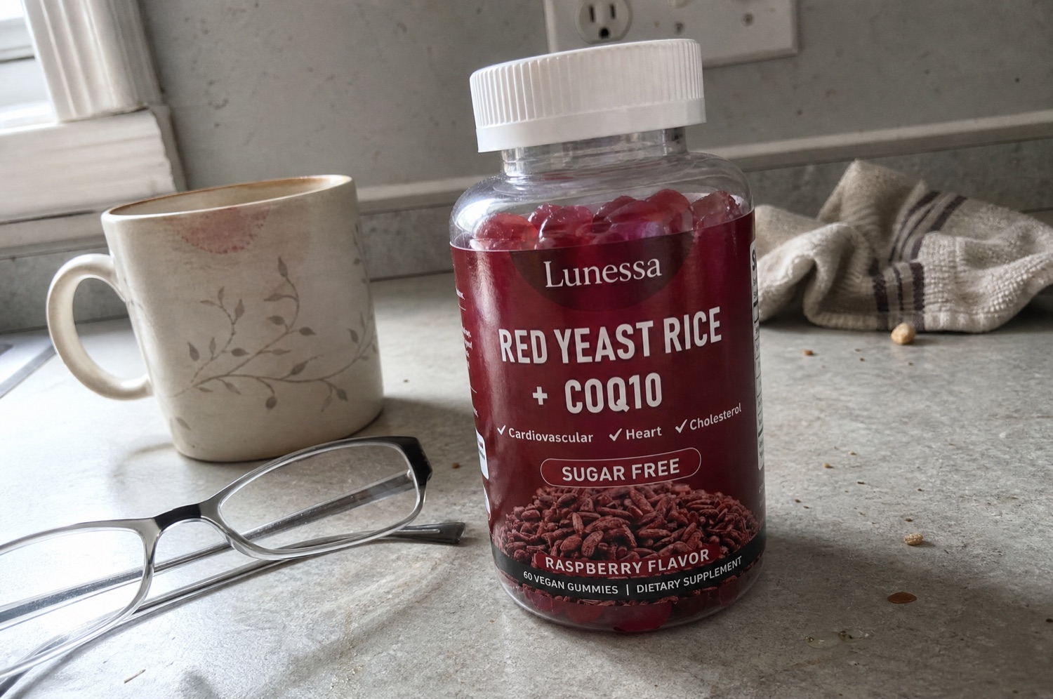 Lunessa Red Yeast Rice and CoQ10 on a kitchen counter